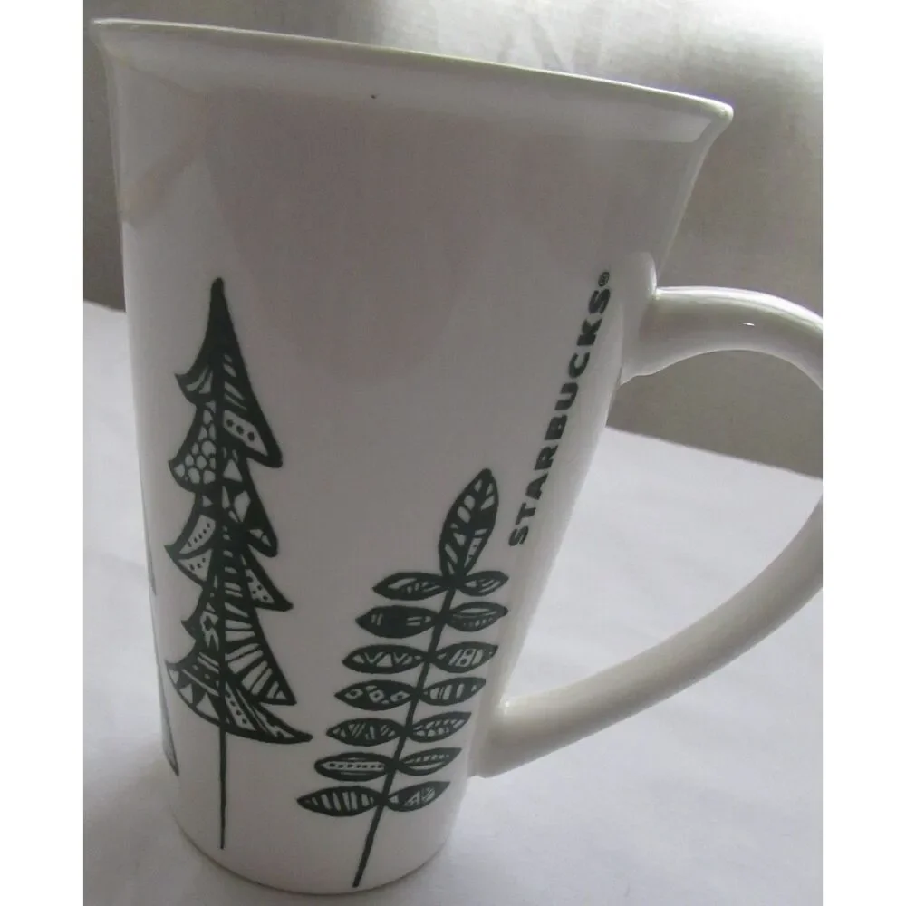 Starbucks 2015 tall coffee mugs set of 2 Christmas Tree green and white tea - Picture 3 of 7